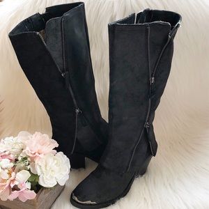 Stylish Black Suede Metal Tip Knee-High Women's Boots